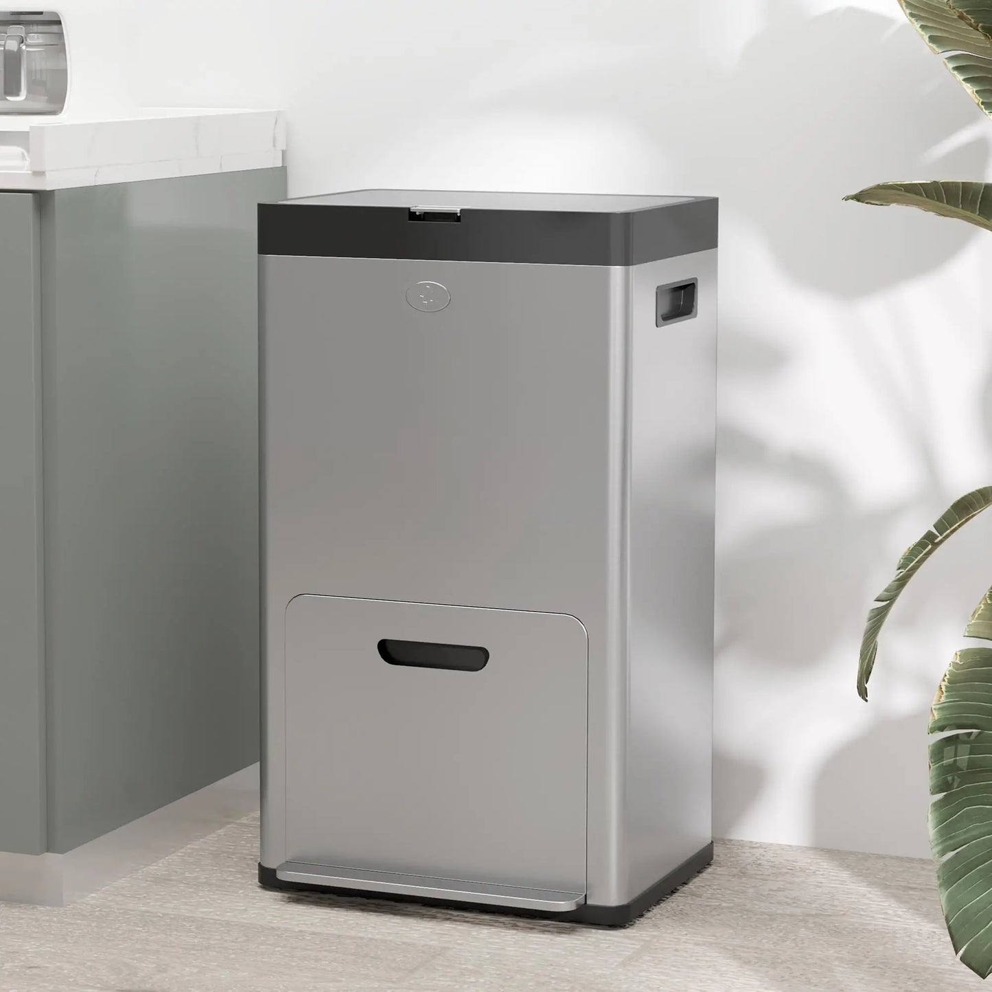 HOMCOM 56L Triple Compartment Stainless Steel Kitchen Bin with Deodoriser Holders & Wheels - Silver Tone