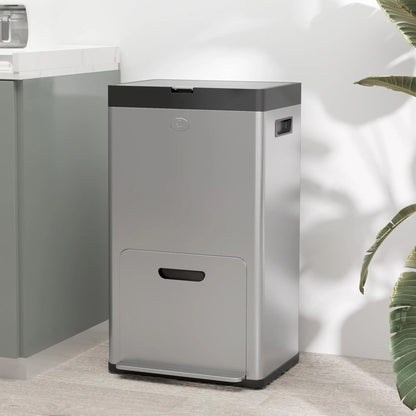 HOMCOM 56L Triple Compartment Stainless Steel Kitchen Bin with Deodoriser Holders & Wheels - Silver Tone