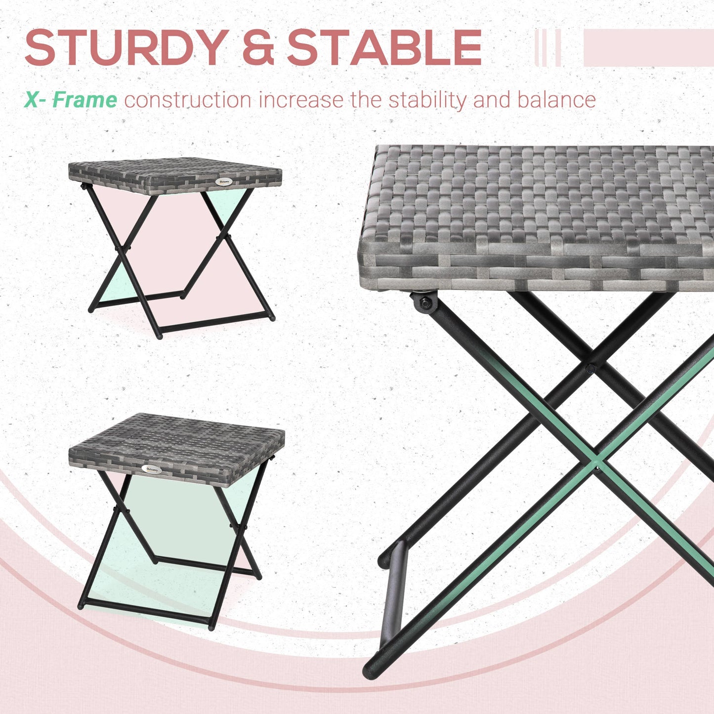 Outsunny Square PE Wicker Weave Rattan Folding Table, Weather Resistant Side Table with Steel Frame, Grey