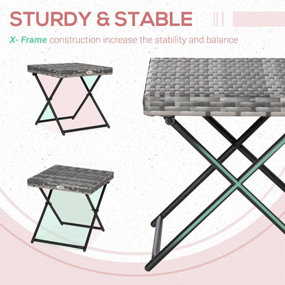 Outsunny Square PE Wicker Weave Rattan Folding Table, Weather Resistant Side Table with Steel Frame, Grey