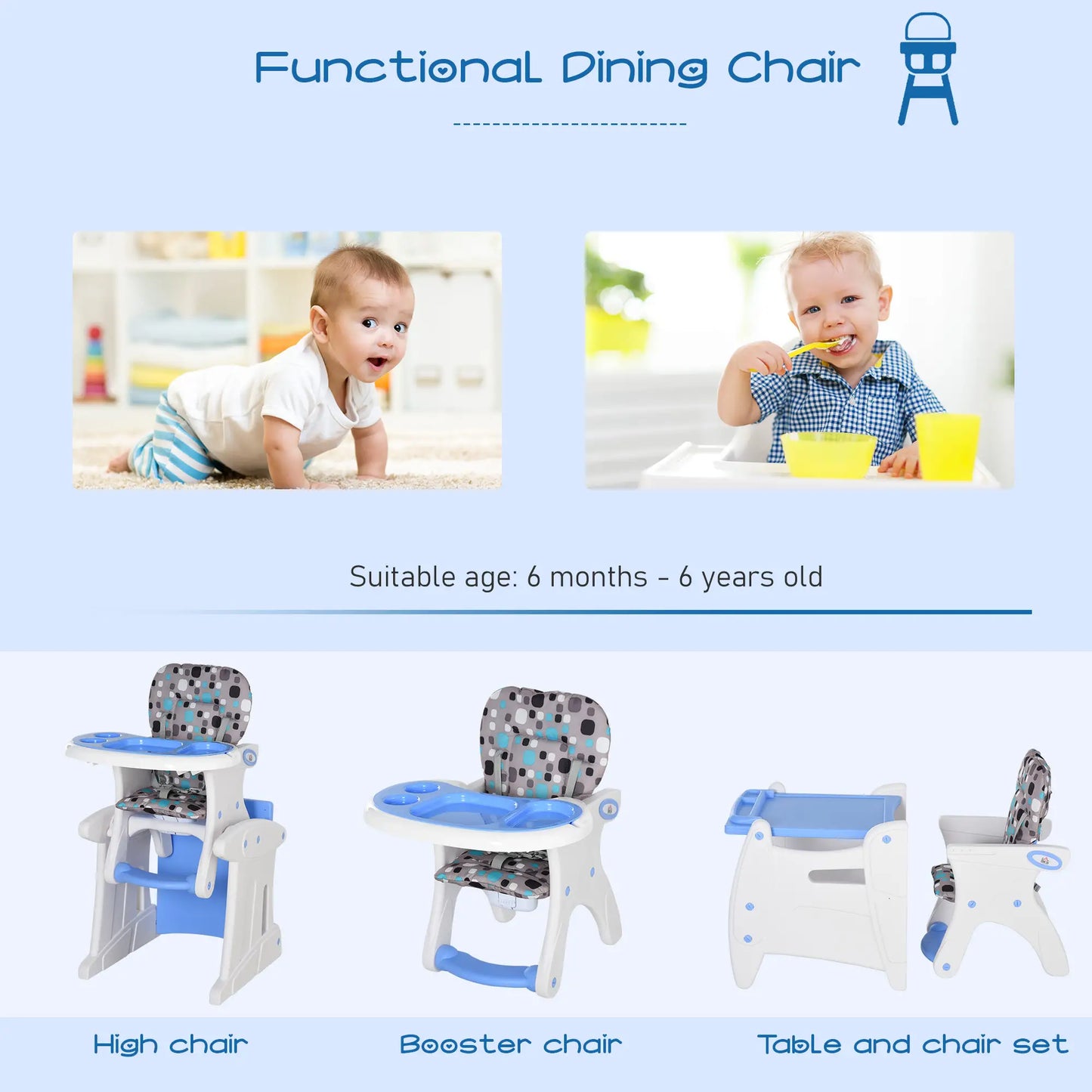 HOMCOM 2 in 1 Convertible Baby High Chair Toddler Table Chair Infant Feeding Seat Removable Food Tray Safety Harness
