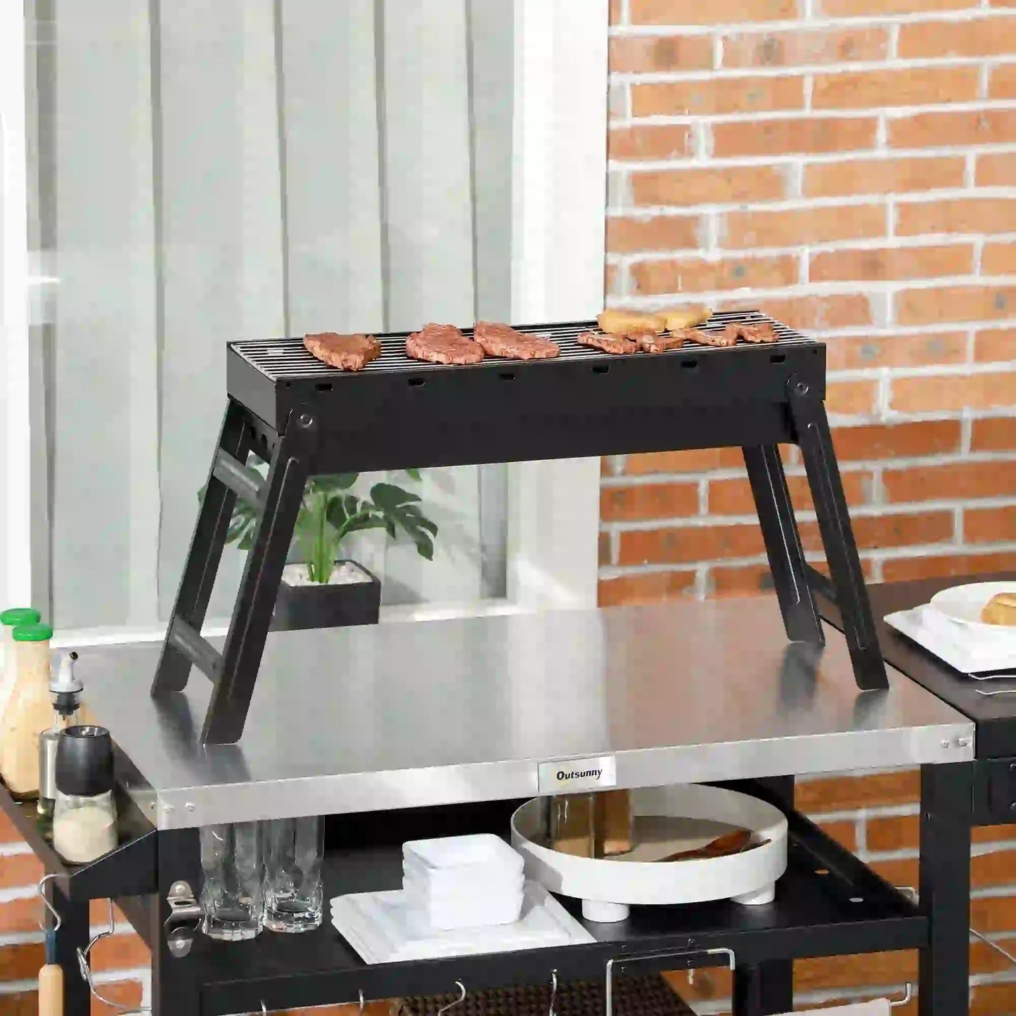 Outsunny BBQ Foldable Charcoal Grill for Outdoor Cooking, Picnic, Barbecue - Black