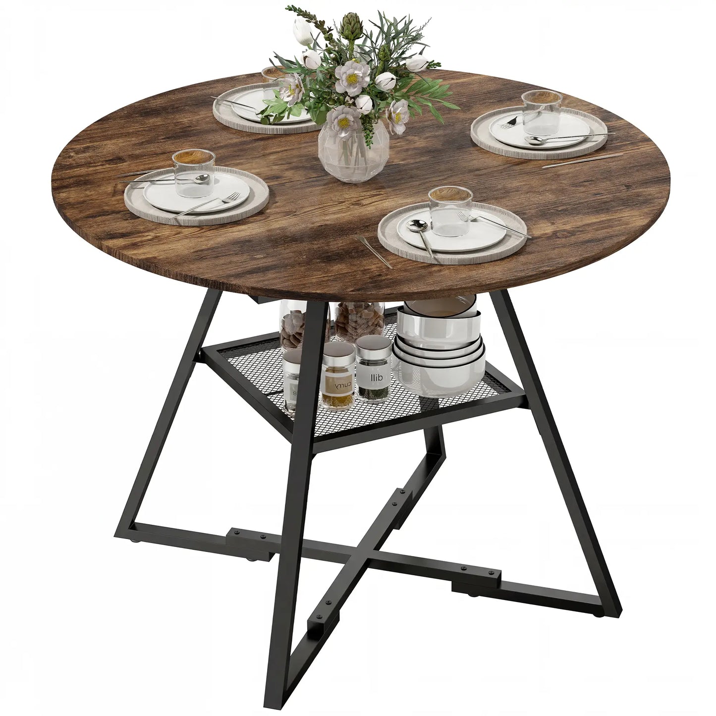 HOMCOM Dining Table for 4 People, Round Industrial Kitchen Table with Storage Shelf, Rustic Brown