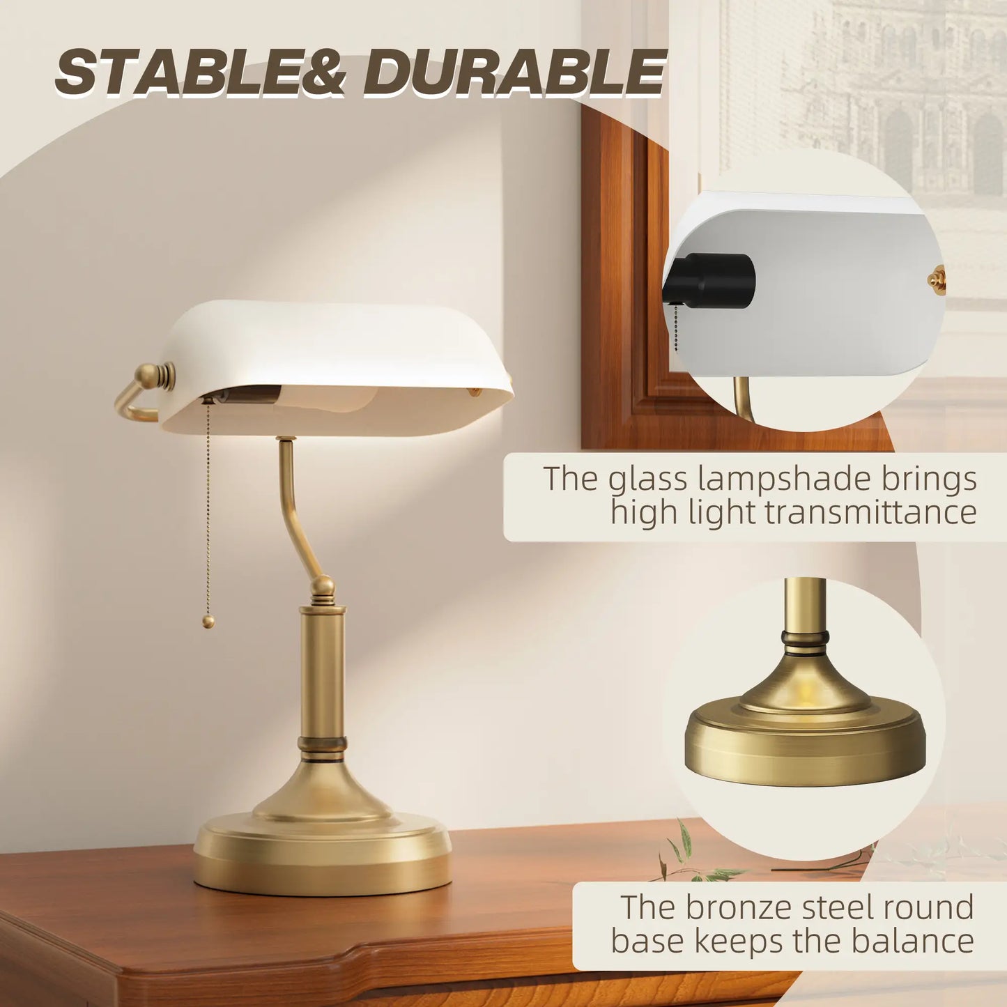 HOMCOM Banker's Desk Lamp with Antique Bronze Tone Base, Table Lamp with White Glass Shade for Home Office