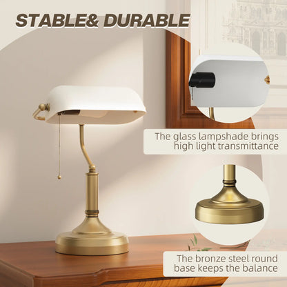 HOMCOM Banker's Desk Lamp with Antique Bronze Tone Base, Table Lamp with White Glass Shade for Home Office