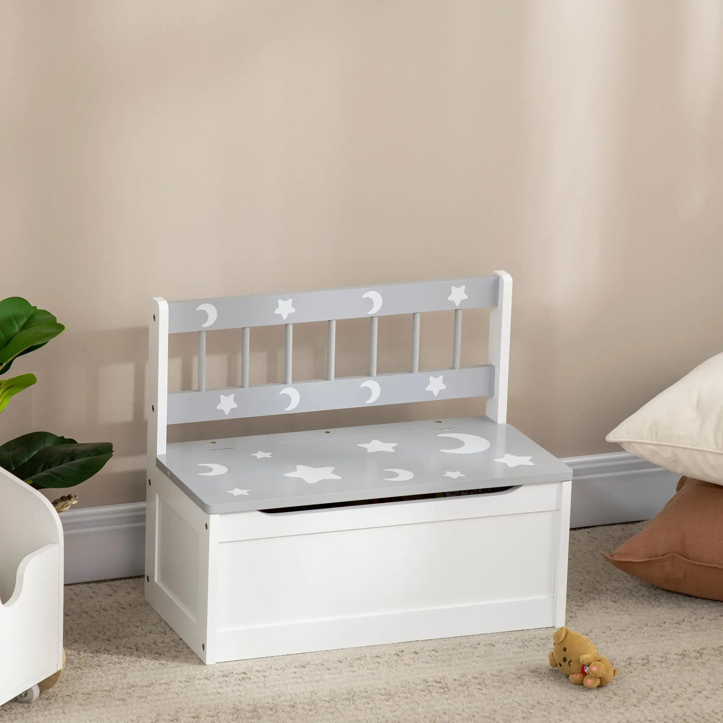 ZONEKIZ 2 In 1 Kids Storage Bench, Toy Box with Safety Rod - Grey