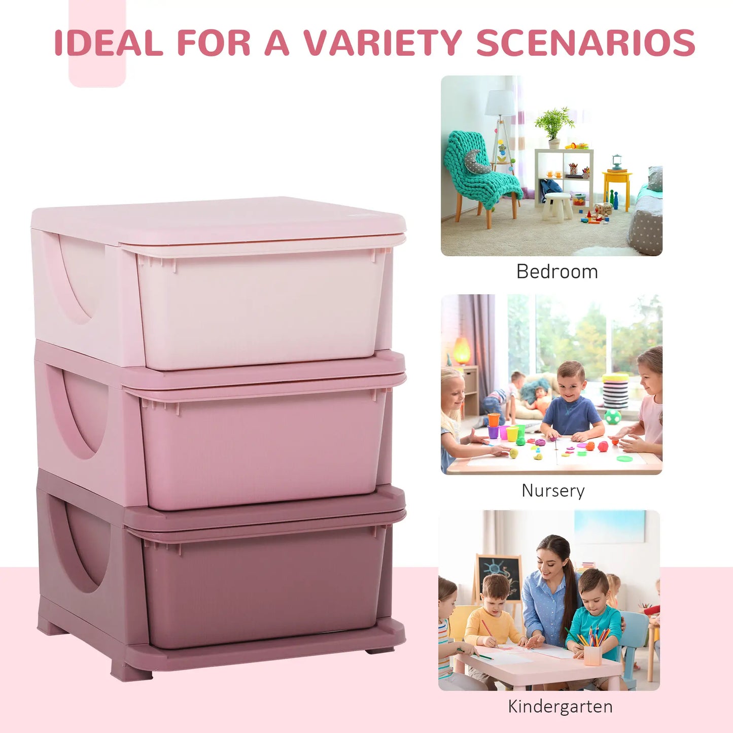 HOMCOM 3 Drawers Plastic Kids Storage Units, 3 Tier Children Toy Chest for Nursery, Playroom, Pink