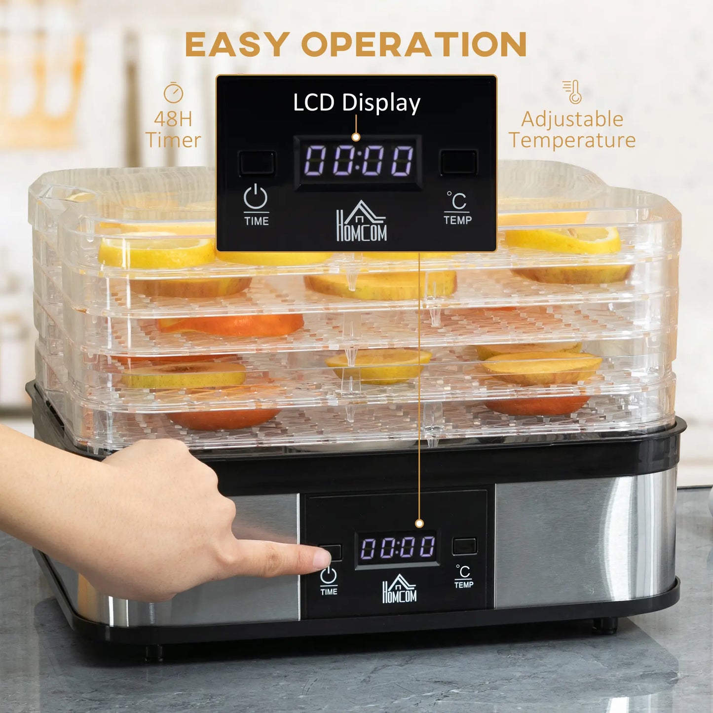 HOMCOM 5 Tier Food Dehydrator, 245W Stainless Steel Food Dryer with Adjustable Temperature, Timer & LCD Display, Black