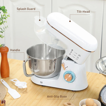 HOMCOM Stand Mixer, 5L Electric Kitchen Food Mixer 1400W with 6 Speeds & Pulse Setting, White