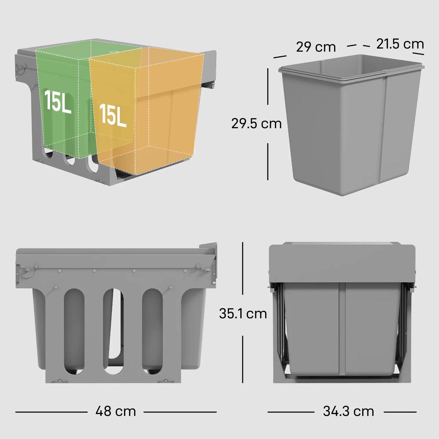 HOMCOM Pull Out Bin, Under Sink Bin - 2 x 15L Removable Compartments for 400mm Cabinets, Light Grey