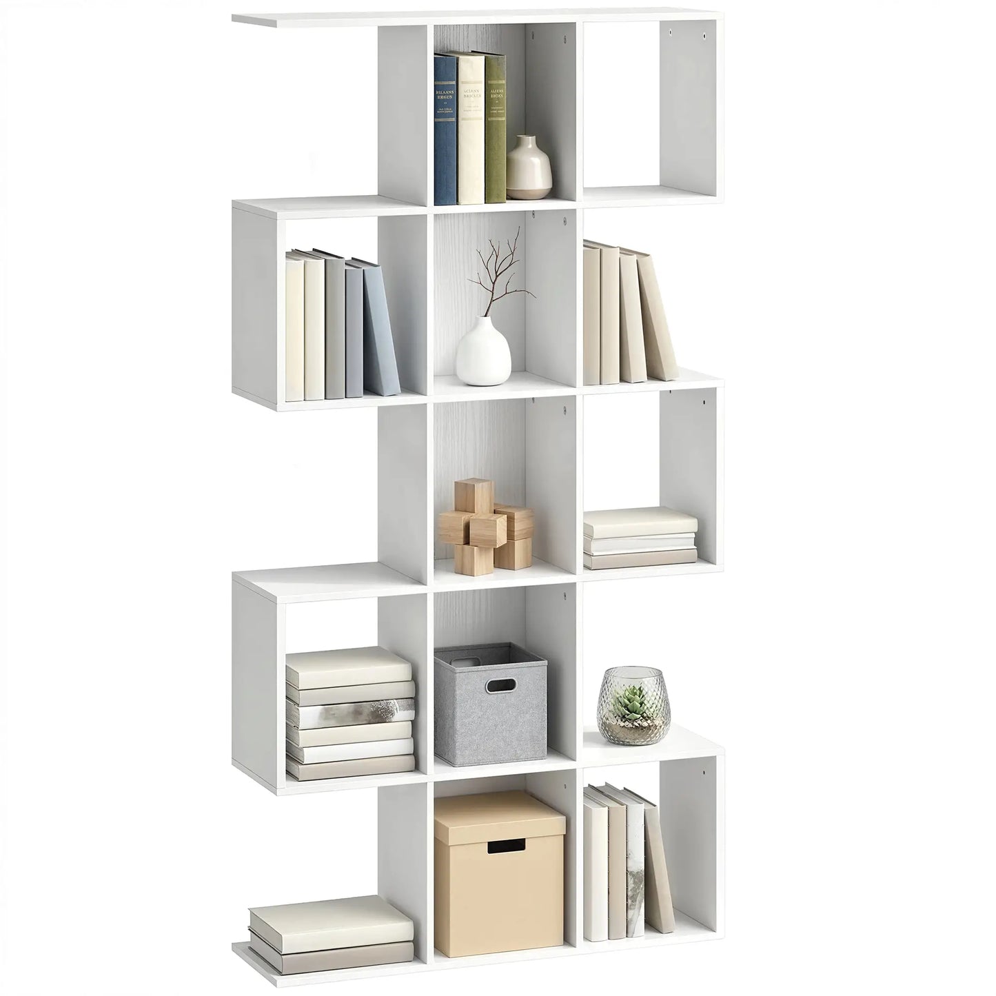 HOMCOM 5-Tier Bookshelf, S Shaped Geometric Bookcase with 15 Compartments, White Wood Effect