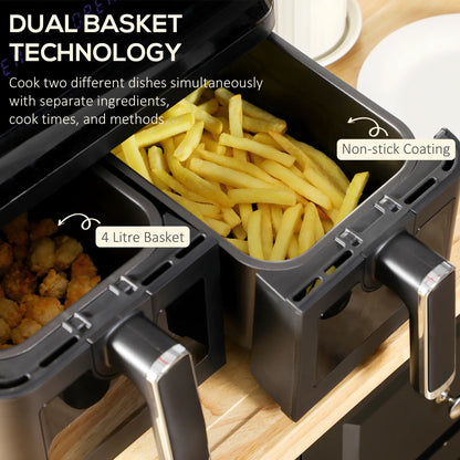 HOMCOM 8L Dual Basket Air Fryer, 8-in-1 Air Fryer Oven with Digital Display, Timer, Preheat for Oil Free Low Fat Cooking, 2500W