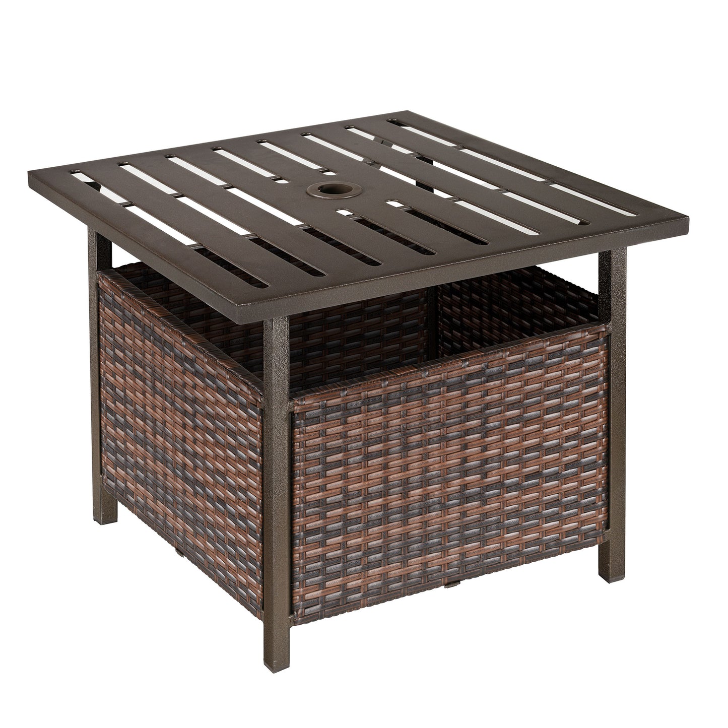 Rattan Garden Coffee Table, Square Wicker Patio Side Table with Umbrella Hole, Metal Bottom for Outdoor, Brown