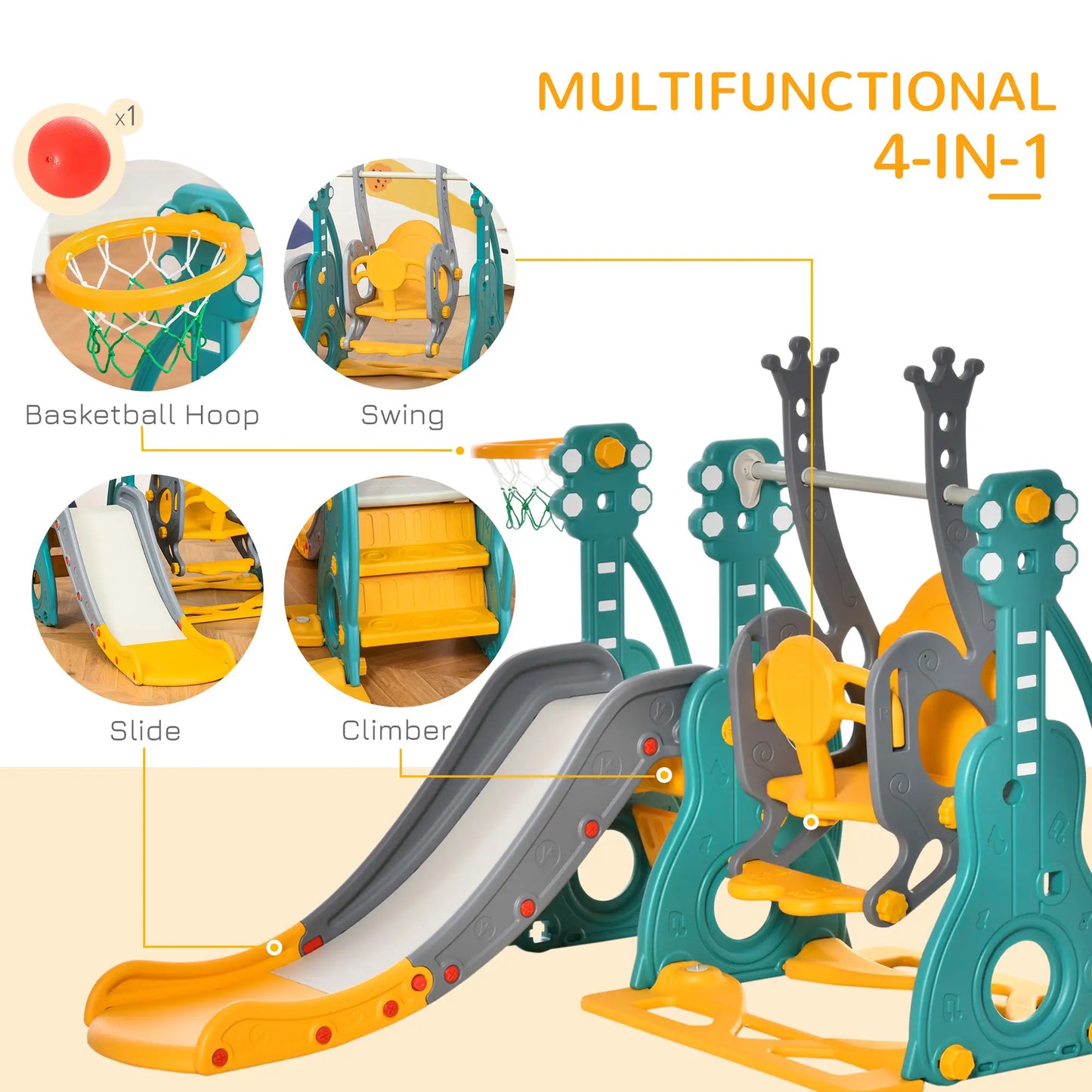 HOMCOM 3-IN-1 Kids Swing & Slide Set with Basketball Hoop Slide Swing Adjustable Seat Height Toddler Activity Indoor & Outdoor Play