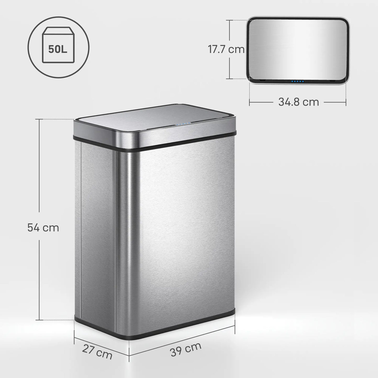 HOMCOM 50L Sensor Can, Sensor Bin with Soft-Close Lid, Fingerprint-Proof Stainless Steel, Silver Tone