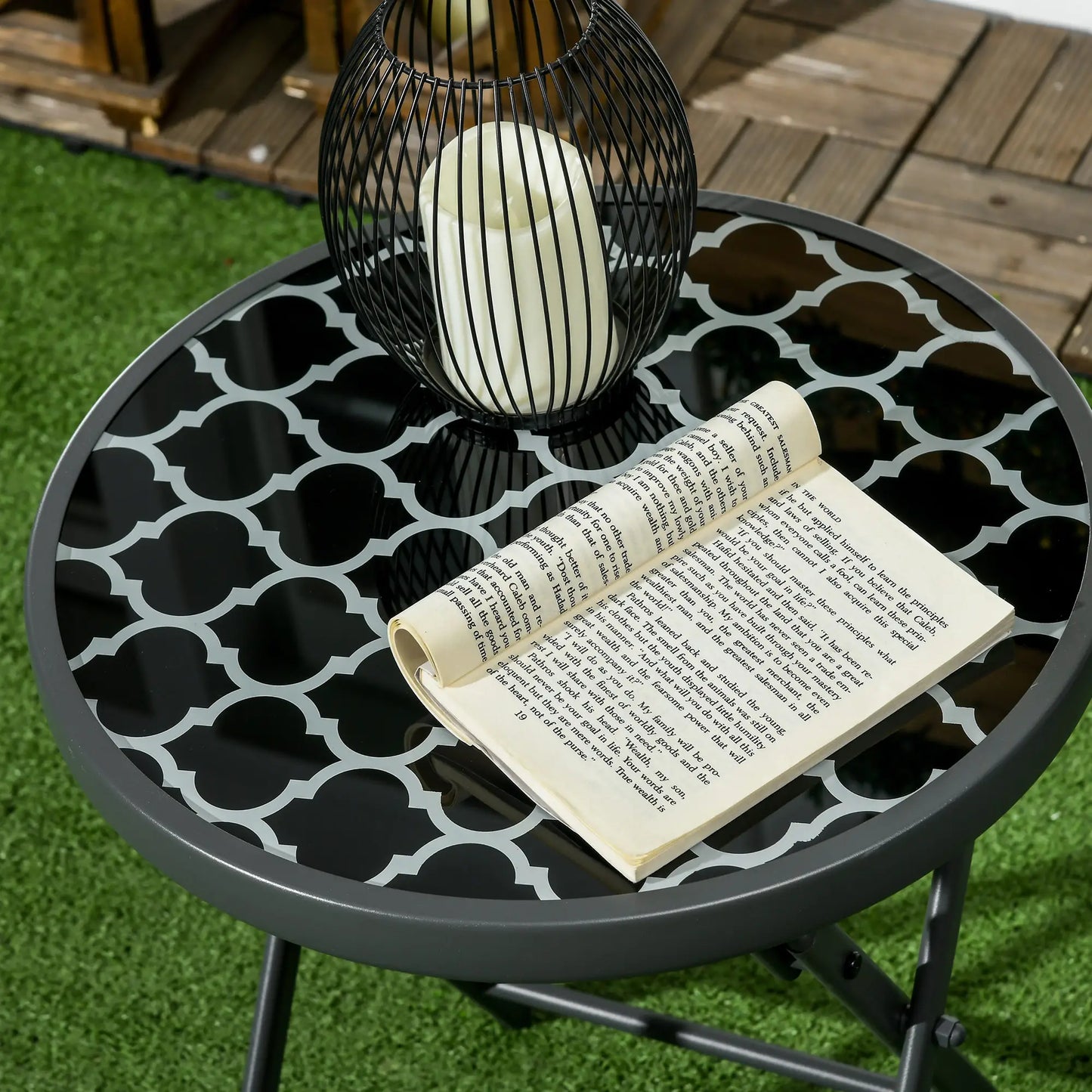 Outsunny Garden Small Coffee Side Table, Outdoor Round Folding Patio Table with Imitation Marble Glass Top