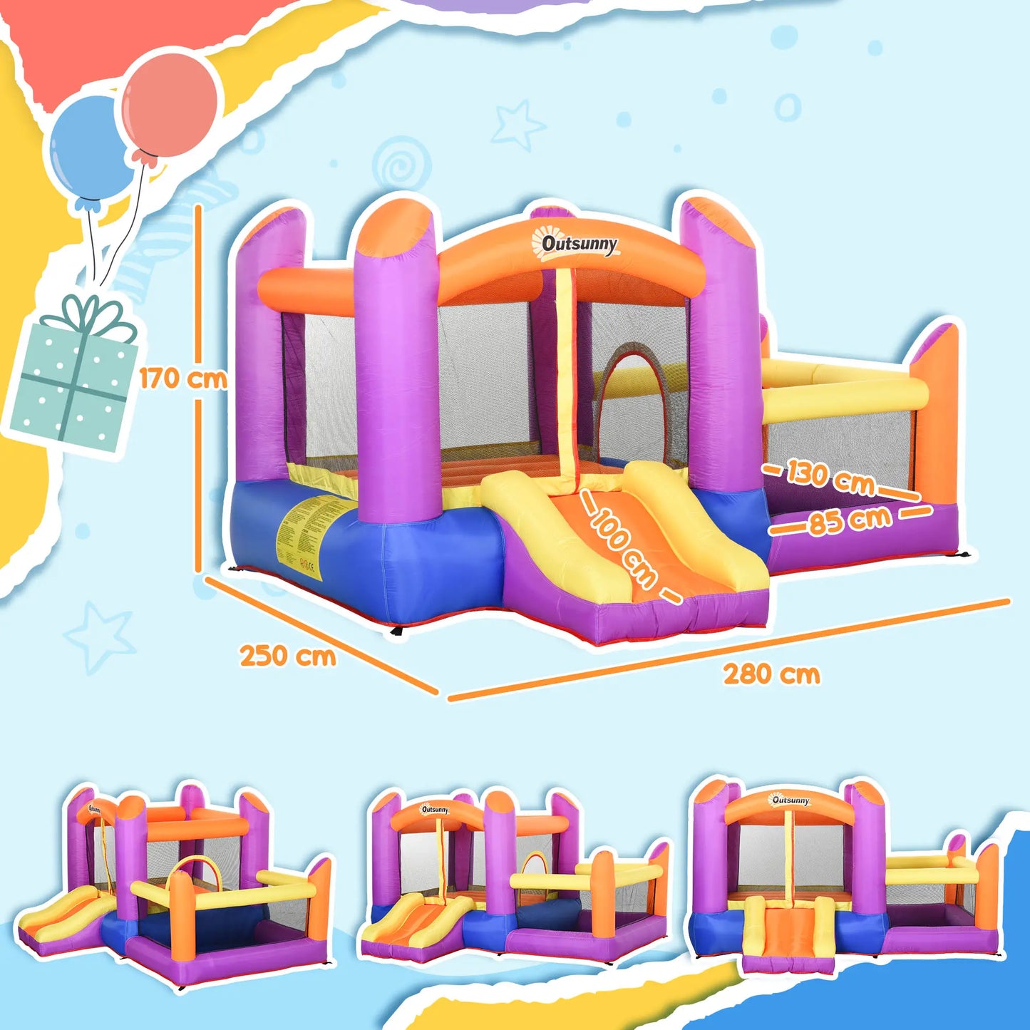 Outsunny Kids Bouncy Castle House Inflatable Trampoline Slide Water Pool 3 in 1 with Blower for Kids Age 3-8
