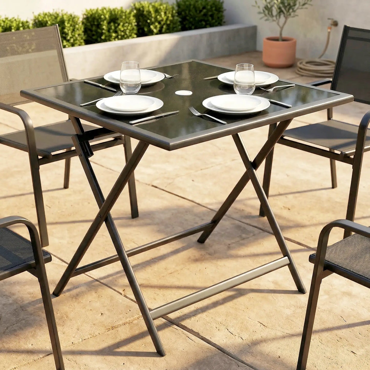 Outsunny Folding Outdoor Dining Table, Square Garden Patio Table Tempered Glass Top with Parasol Hole, Black