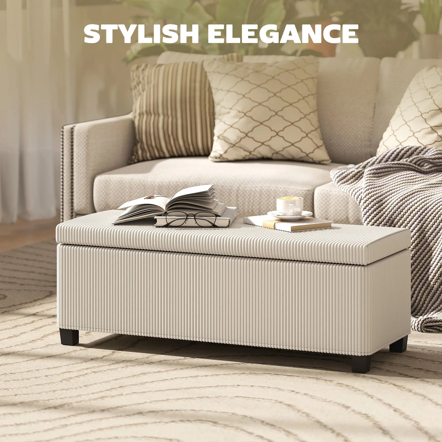 HOMCOM Storage Ottoman Bench, Corduroy Storage Chest Box with Wooden Legs, Bed End Bench, Beige