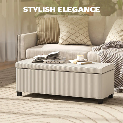 HOMCOM Storage Ottoman Bench, Corduroy Storage Chest Box with Wooden Legs, Bed End Bench, Beige