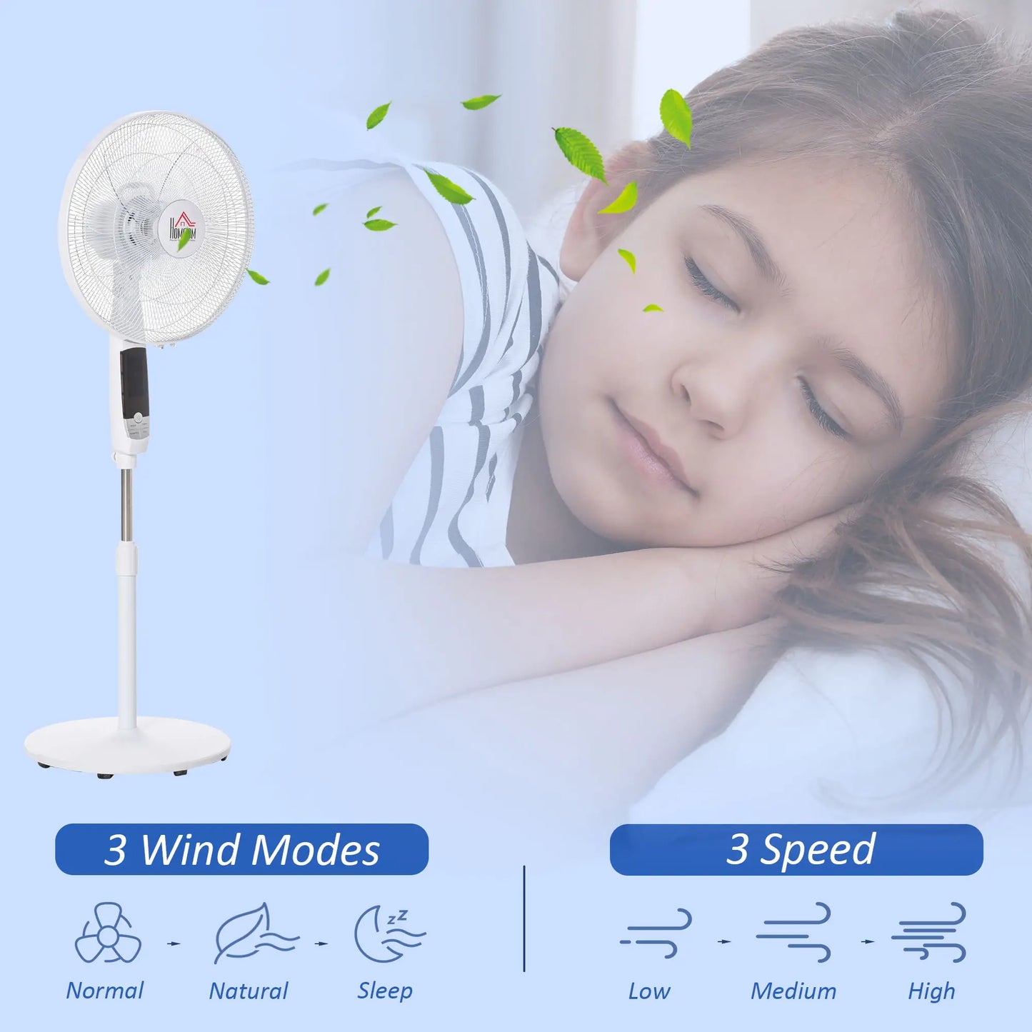 HOMCOM 16'' Pedestal Stand Fan, 3 Speed 3 Mode, 85° Oscillation, 3M Remote Controller, Height Adjustable, Black and White