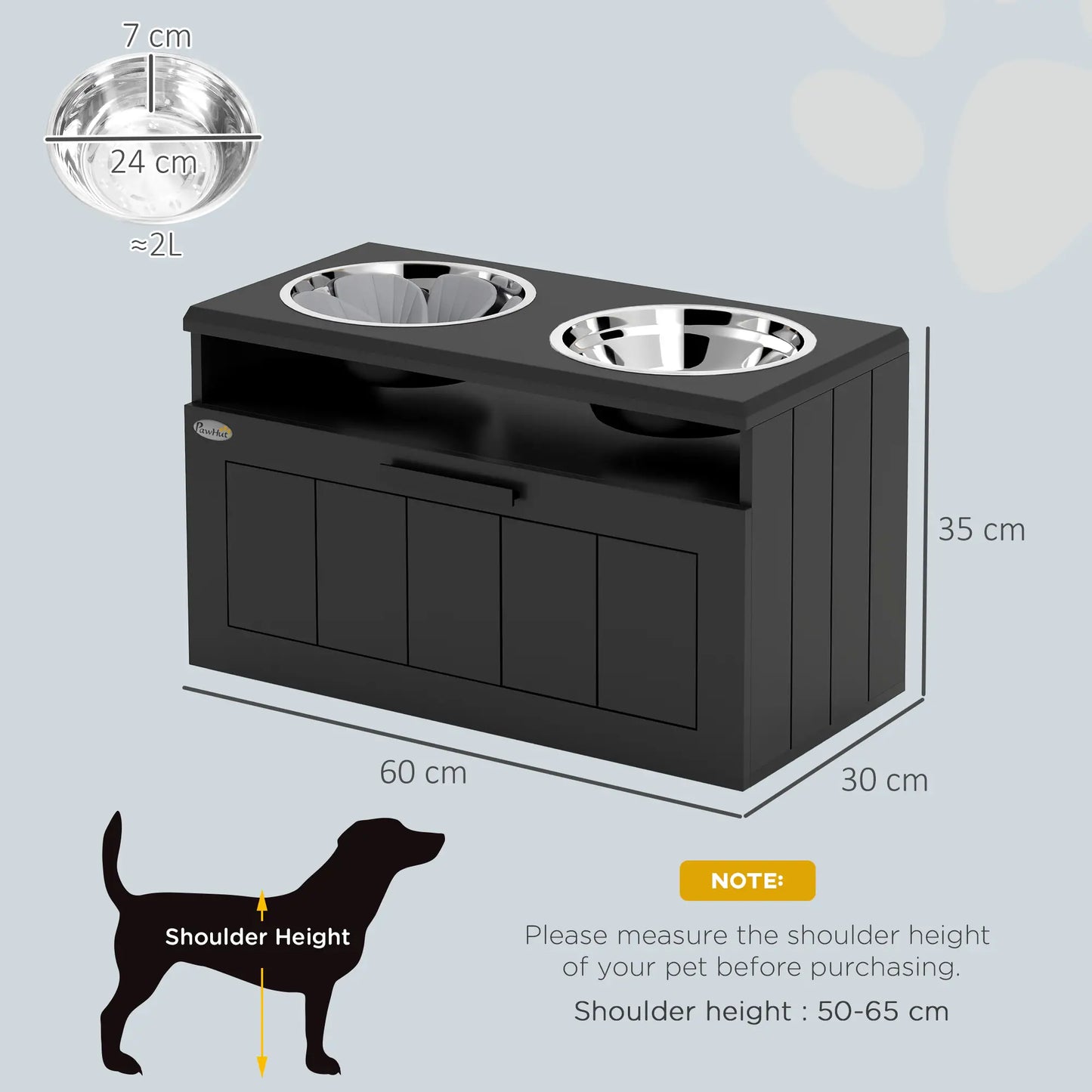 PawHut Raised Dog Bowl with Slow Feeder, Two Stainless Steel Bowls, Drawer for Large & Extra Large Dogs, Black