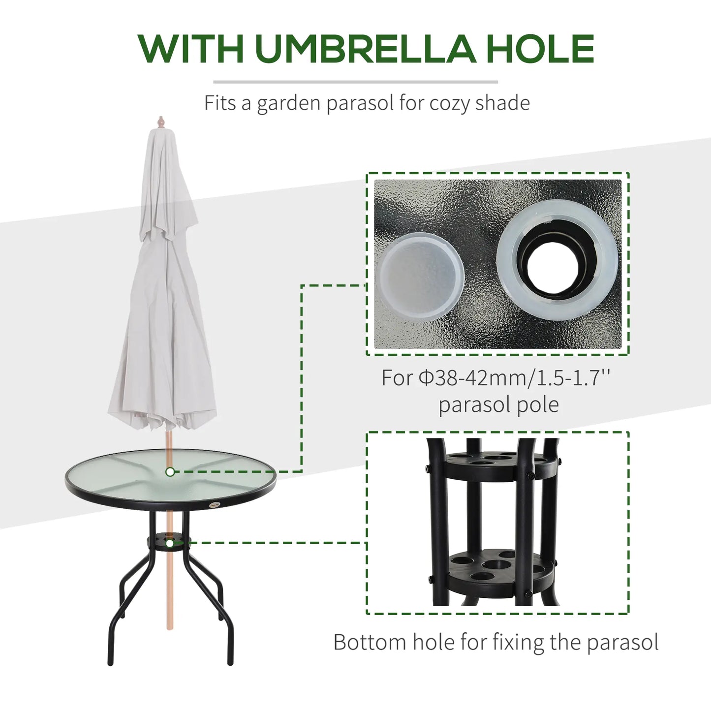 Outsunny Round Garden Dining Table with Parasol Hole for Outdoor Bistro Side Table with Tempered Glass Top for Patio, Porch, Black