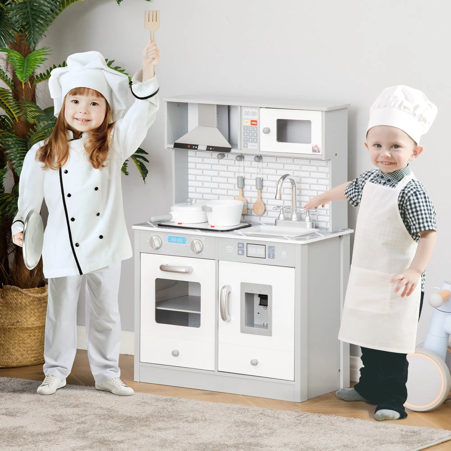 Kids Wooden Toy Kitchen Pretend Play Cooking Playset w/ Sound & Light Effect, Battery Operated Cooktop, Marble Pattern Countertop