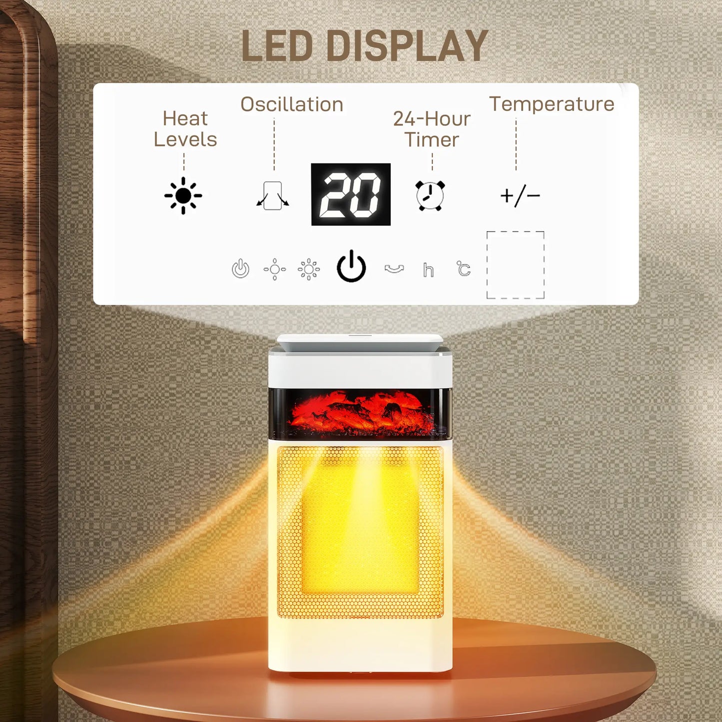 HOMCOM Ceramic Electric Heater, 1500W Fan Space Heater with 3 Modes, 24H Timer, Flame Effect, Oscillation, White