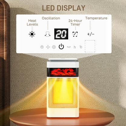 HOMCOM Ceramic Electric Heater, 1500W Fan Space Heater with 3 Modes, 24H Timer, Flame Effect, Oscillation, White