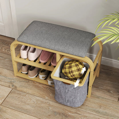 HOMCOM Bamboo Shoe Rack Storage Bench with Padded Seat - Nature Wood Finish