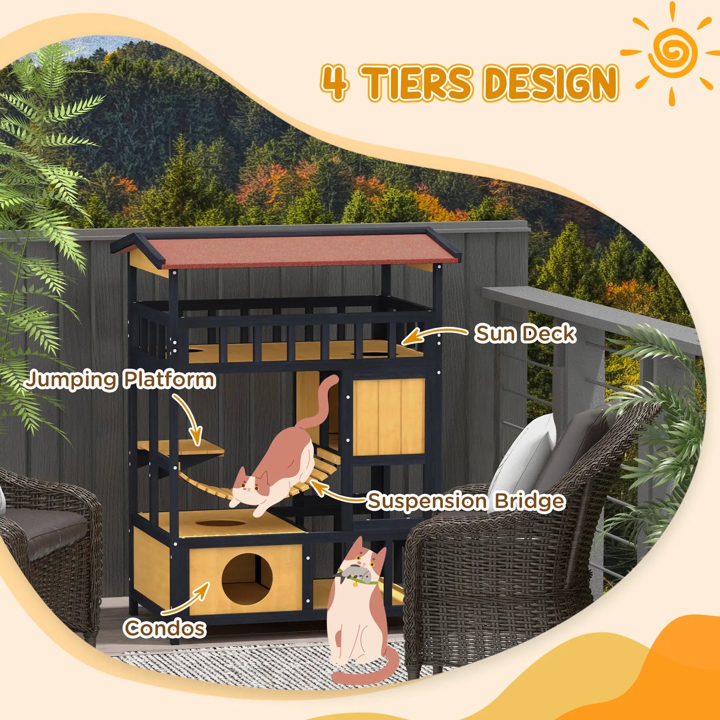PawHut Outdoor Cat Shelter, Four-Tier Wooden Feral Cat House with Suspension Bridge, Balcony, Escape Doors