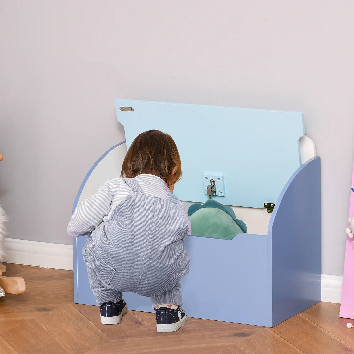HOMCOM Kids Wooden Toy Box Children Storage Chest Bench Organiser Safety Hinge Playroom Furniture, Blue