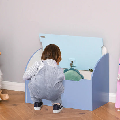 HOMCOM Kids Wooden Toy Box Children Storage Chest Bench Organiser Safety Hinge Playroom Furniture, Blue