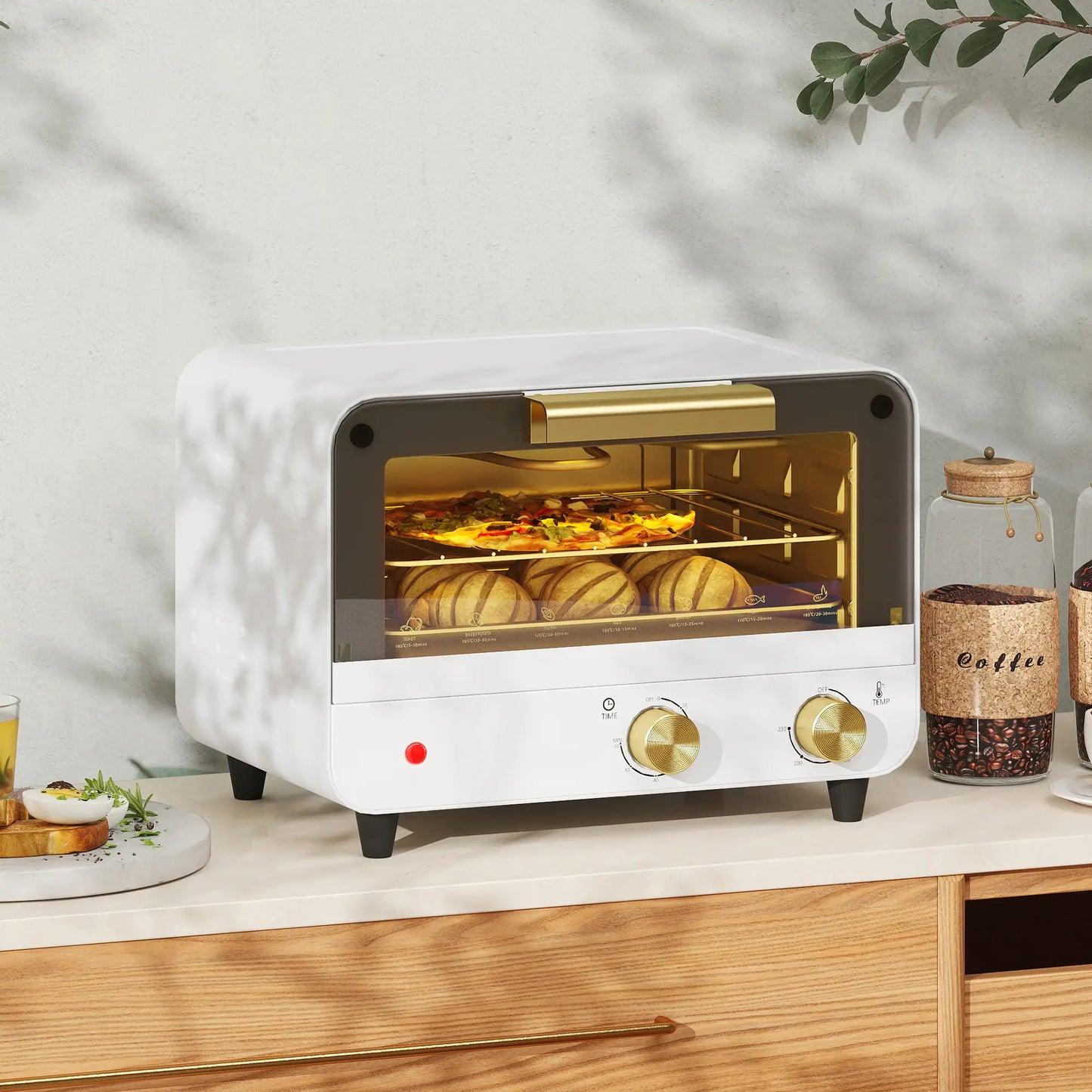 HOMCOM Small Toaster Oven, 12L Multifunction Mini Countertop Oven with Glass Door, Adjustable Temperature & Timer, 750W, White