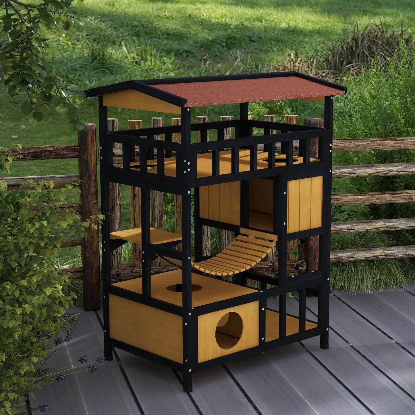 PawHut Outdoor Cat Shelter, Four-Tier Wooden Feral Cat House with Suspension Bridge, Balcony, Escape Doors