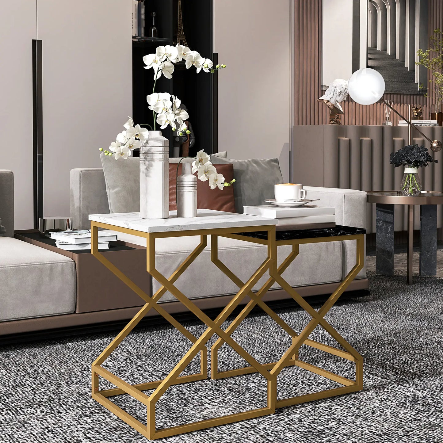 HOMCOM Set of Two Side Table Marble-Effect Nesting Bedside Tables