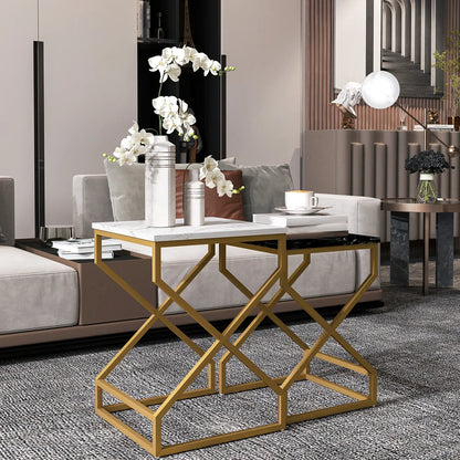 HOMCOM Set of Two Side Table Marble-Effect Nesting Bedside Tables