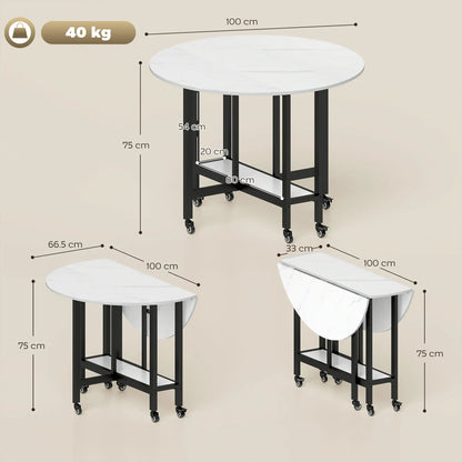HOMCOM Folding Dining Table, Drop Leaf Table with Open Shelf, Rolling Kitchen Table for Small Spaces, White Marble