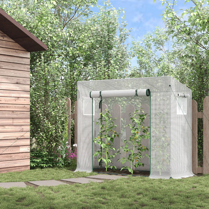 Outsunny Small Walk-in Garden Greenhouse with Steel Frame, Large Roll-Up Door and Windows, White