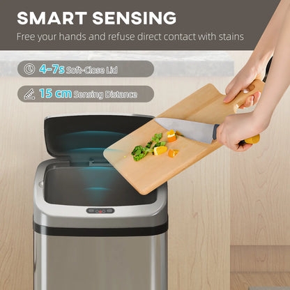 HOMCOM 48L Stainless Steel Kitchen Rubbish Sensor Bin - Silver-Tone