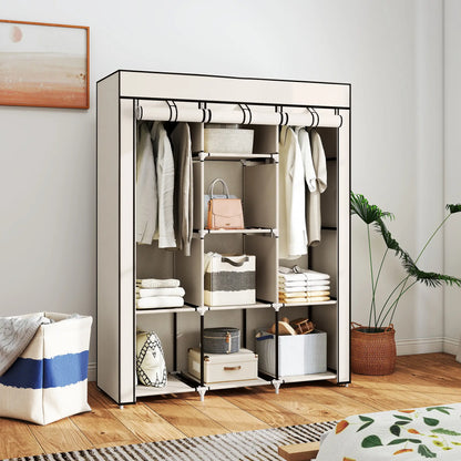 HOMCOM Fabric Cloth Wardrobe Clothes Organizer with Rails and Shelves - Cream White