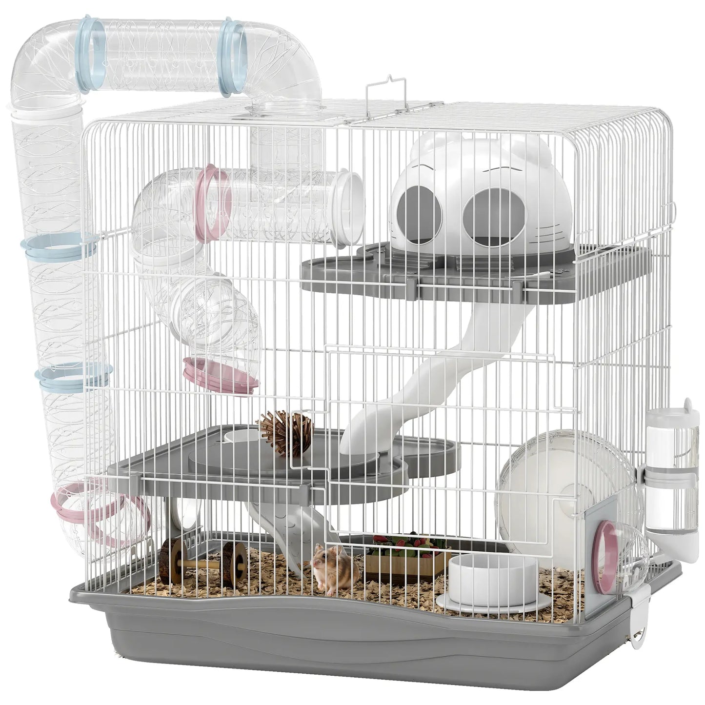 PawHut 3-Tier Hamster Cage with Exercise Wheels, Water Bottle, Food Dish, for Dwarf Hamsters, Grey