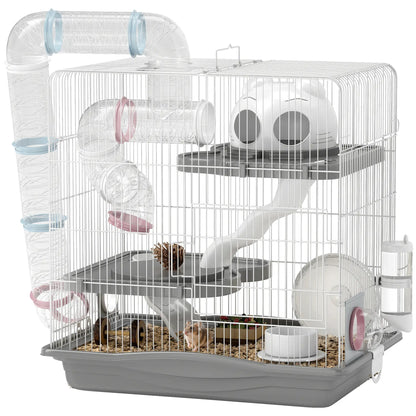 PawHut 3-Tier Hamster Cage with Exercise Wheels, Water Bottle, Food Dish, for Dwarf Hamsters, Grey