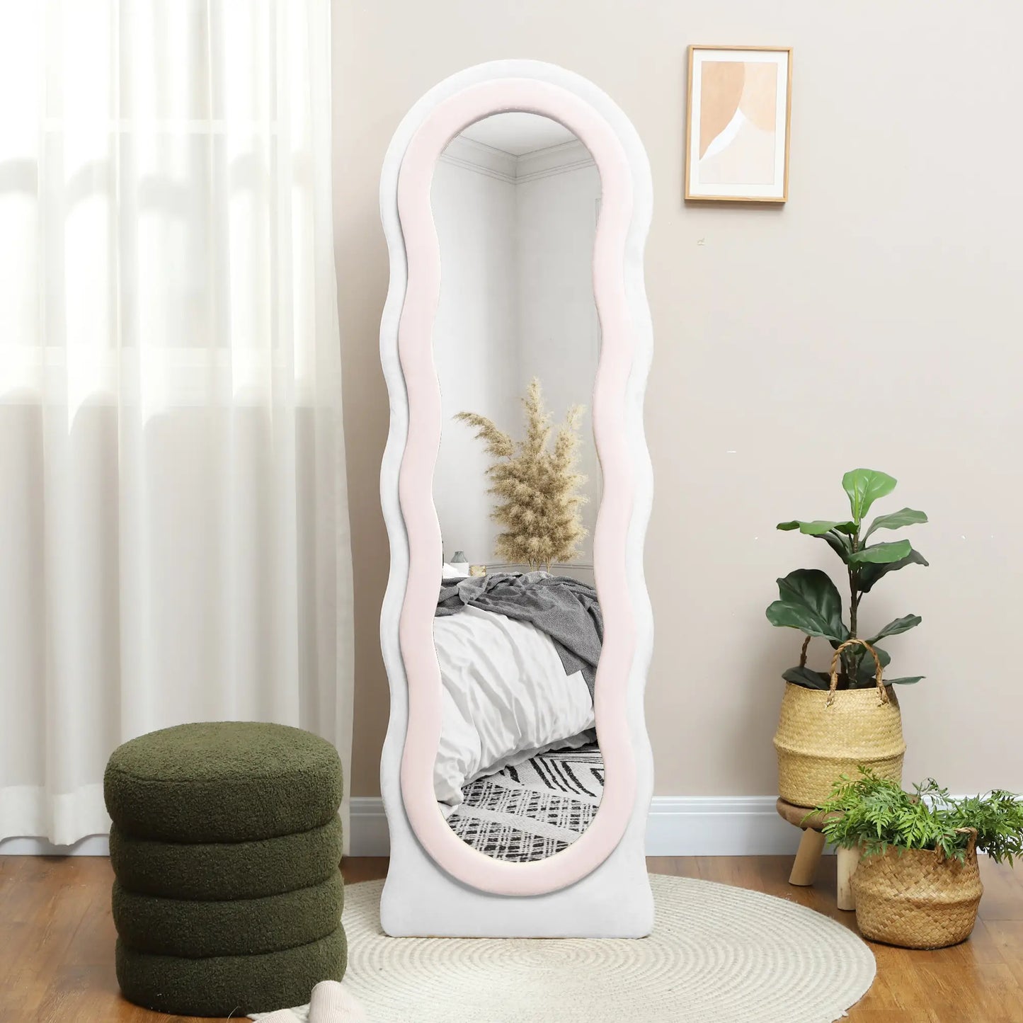 HOMCOM Wavy Velvet-Feel Modern Full Length Mirror, Engineered Wood - Pink