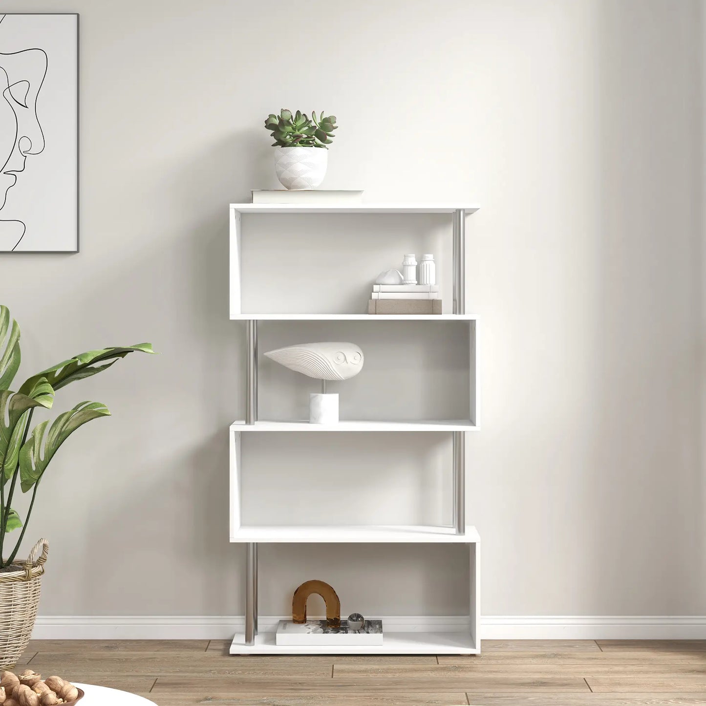 HOMCOM S Shape Bookcase, 5 Tiers Bookshelf, Modern Freestanding Storage Shelf for Home Office, Study, Living Room, White