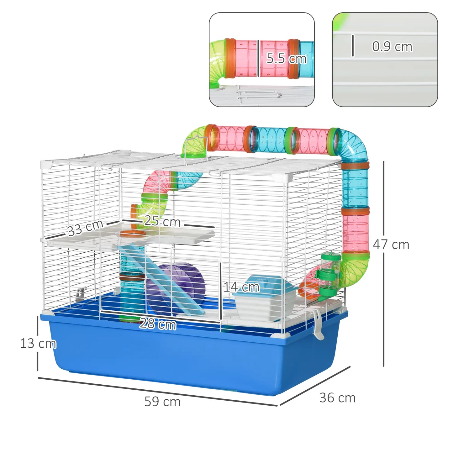 PawHut Hamster Cage, Gerbil Cage 3 Tier for Dwarf Hamster with Tube, Exercise Wheel, Water Bottle, Food Dish - Blue