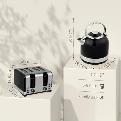 HOMCOM Polished Metal Stainless Steel Kettle 1.7L and Toaster Set - Black