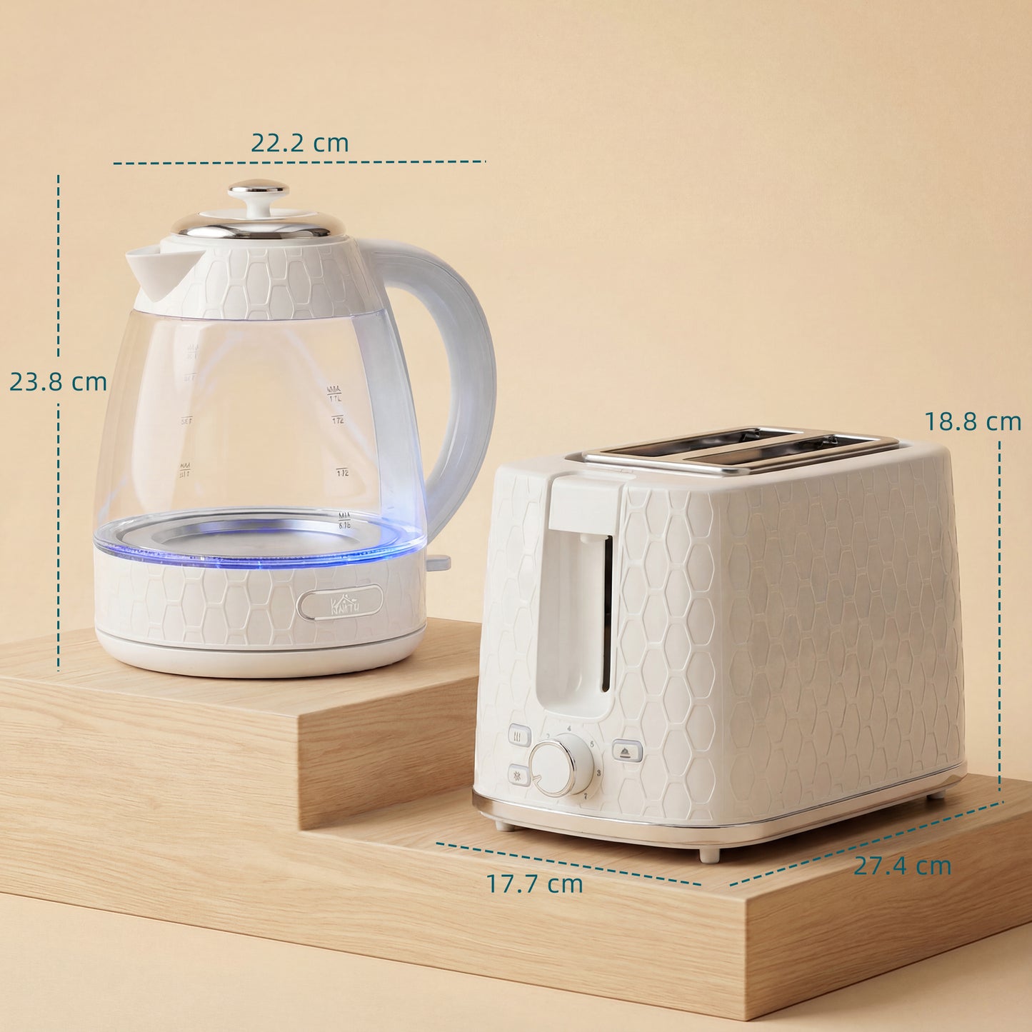 HOMCOM Kettle and Toaster Set, 1.7L 3000W Rapid Kettle with Limescale Filter, 2 Slice Toaster, Cream