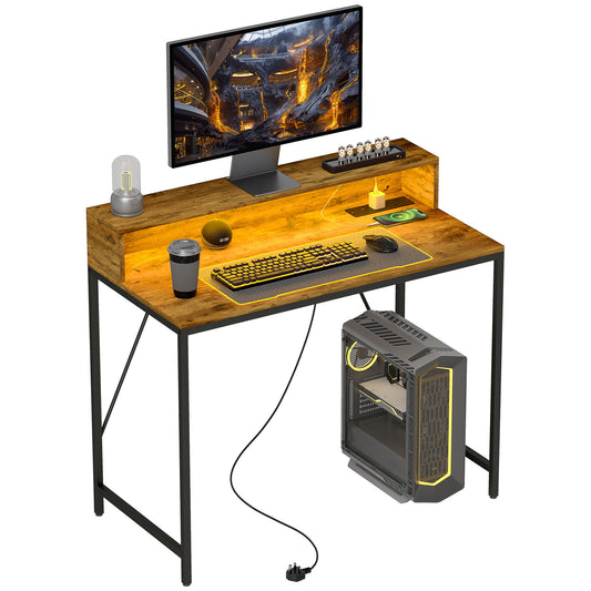 HOMCOM Computer Desk Table with LED Lights and Power Outlets, Gaming Desk with Monitor Stand & Remote for Home Office, Rustic Brown